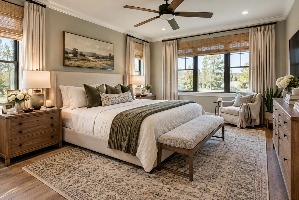 Virtually staged bedroom with an upholstered bed, wood nightstands, a bench, and a reading chair beside the window.