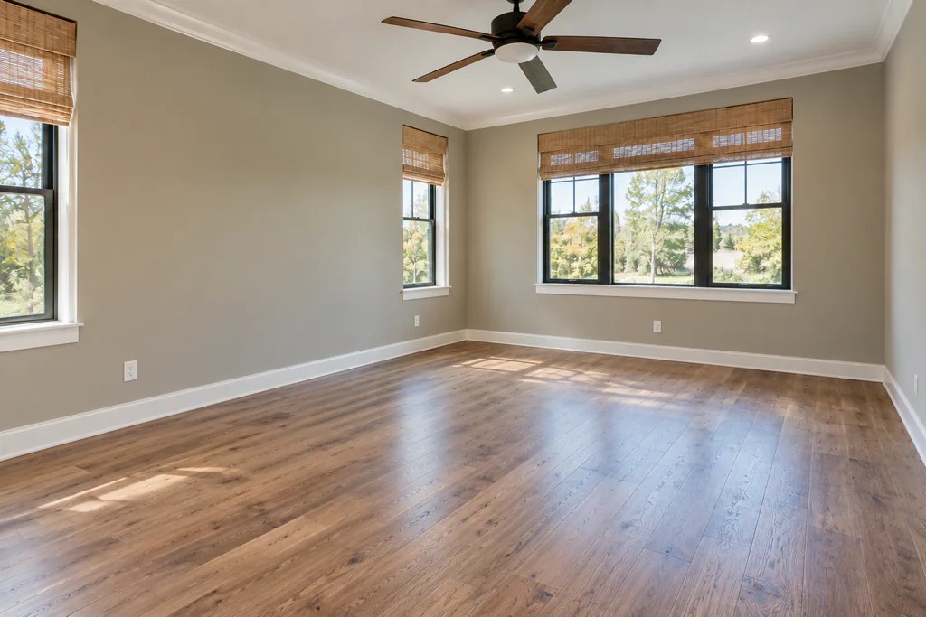 Empty bedroom with wood flooring, a ceiling fan, and wide windows with woven blinds.