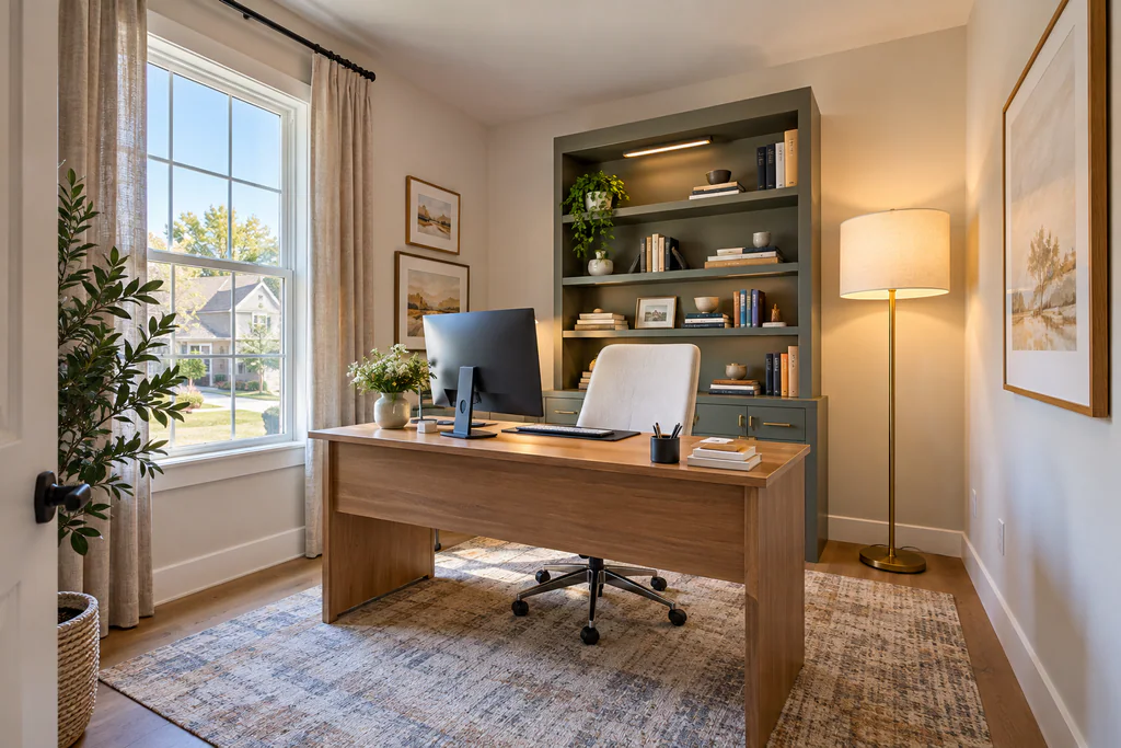 Virtually staged home office with a wood desk, upholstered office chair, olive bookcase, and warm floor lamp.