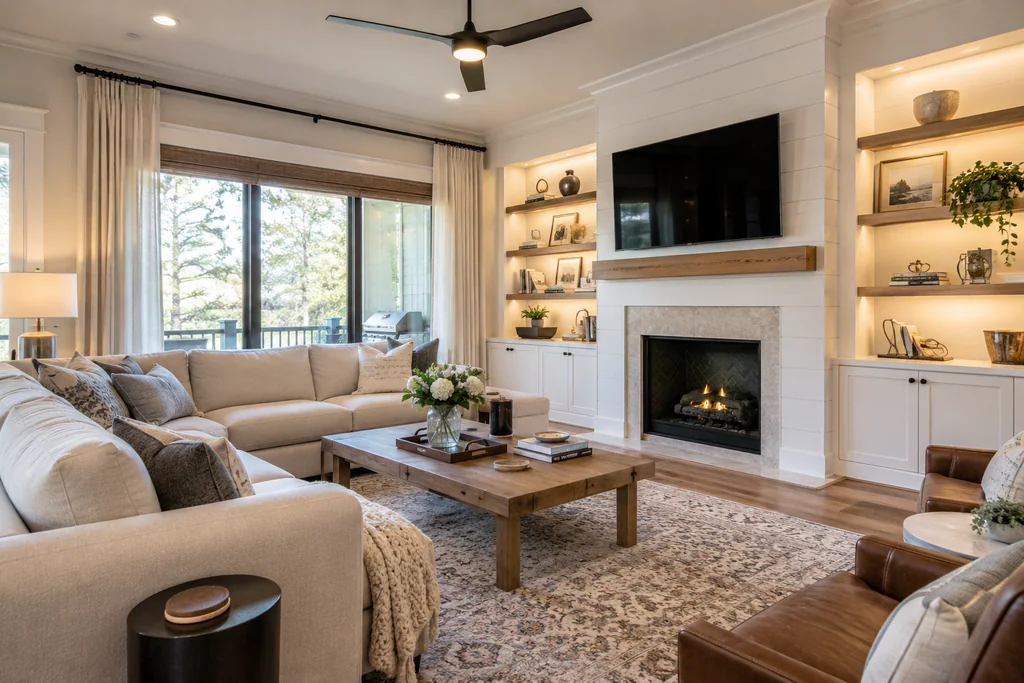 Virtually staged living room with a cream sectional, wood coffee table, leather chair, and styled shelves around the fireplace.
