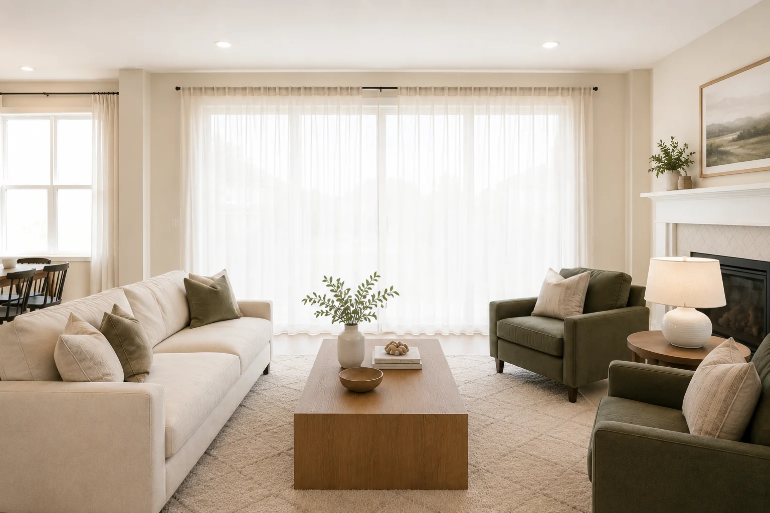 Bright living room furnished with sofas and armchairs after photorealistic virtual staging