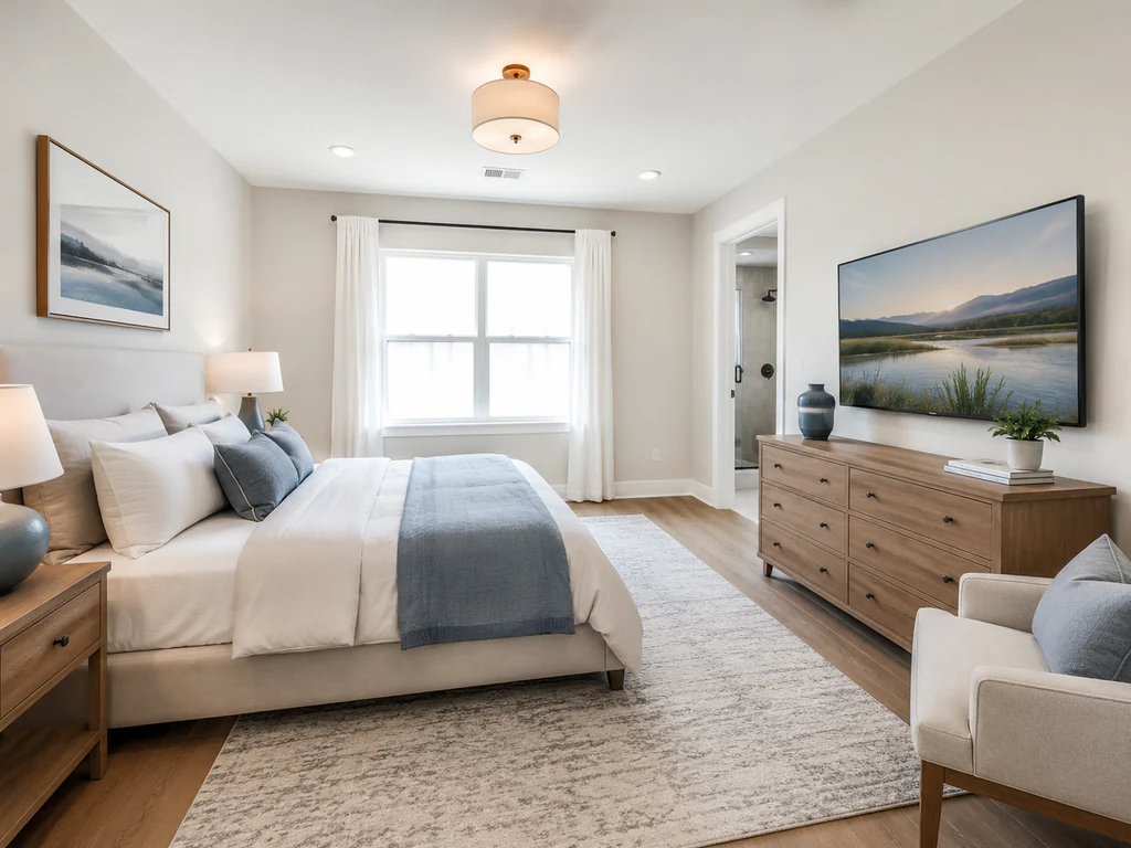 Bedroom after virtual staging: the same primary bedroom with a centered window and ensuite doorway, furnished and styled.