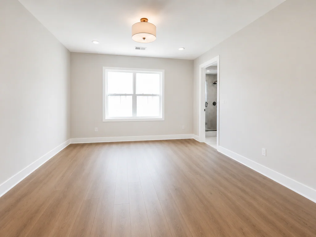 Bedroom before virtual staging: primary bedroom with a centered window and ensuite doorway, shown empty.