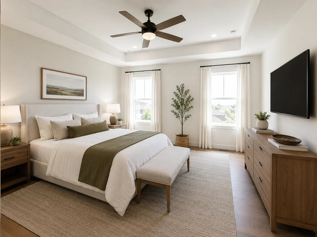 Bedroom after virtual staging: the same tray-ceiling bedroom with two tall windows, furnished and styled.