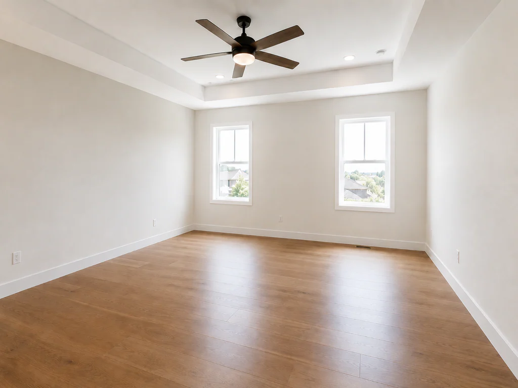 Bedroom before virtual staging: tray-ceiling bedroom with two tall windows, shown empty.