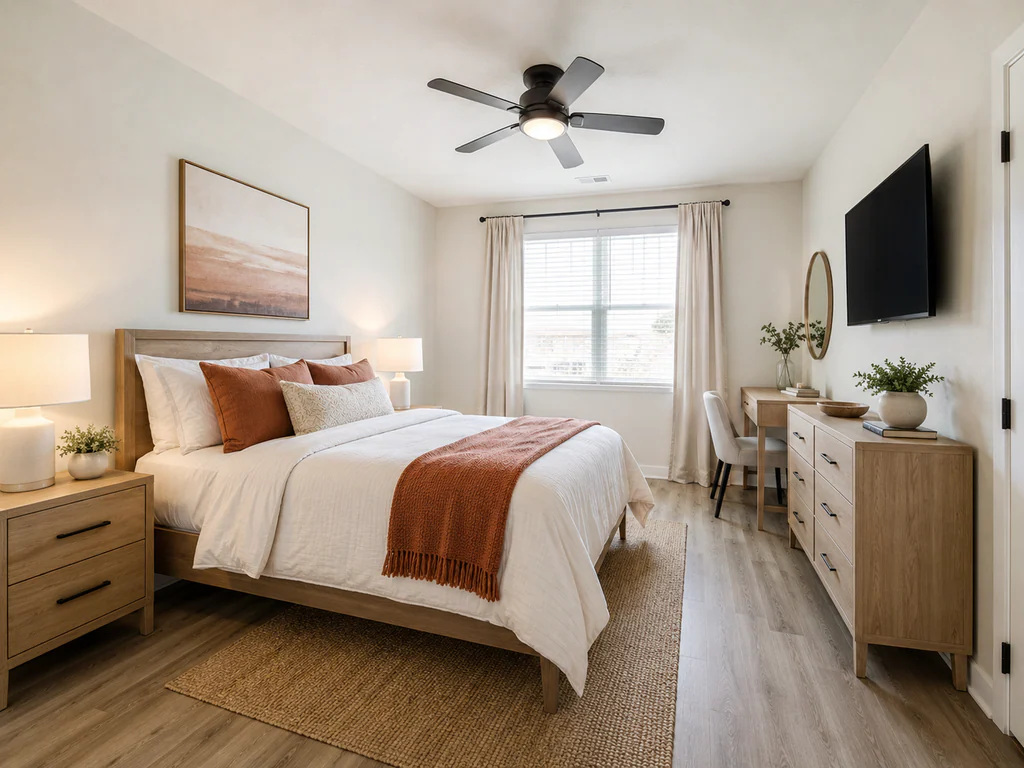 Bedroom after virtual staging: the same bedroom with a ceiling fan and centered window, furnished and styled.