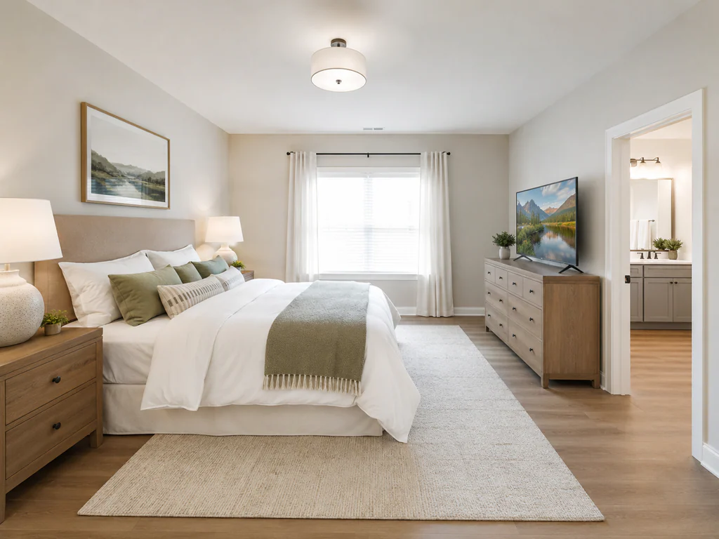 Bedroom after virtual staging: the same bedroom with a centered window and bathroom doorway, furnished and styled.