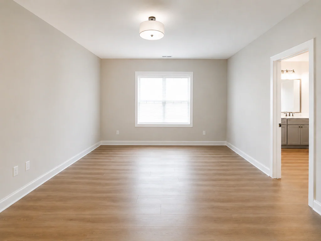Bedroom before virtual staging: bedroom with a centered window and bathroom doorway, shown empty.