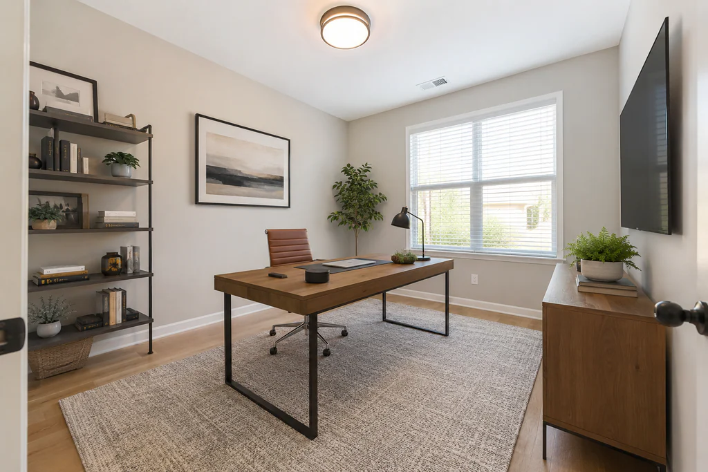 Home office after virtual staging: the same light room with a wide window, furnished and styled.