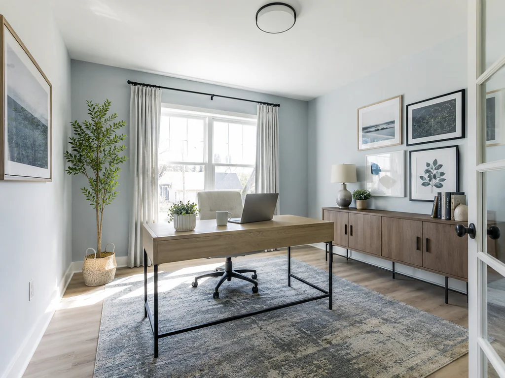 Home office after virtual staging: the same blue-gray room with French doors and a front window, furnished and styled.