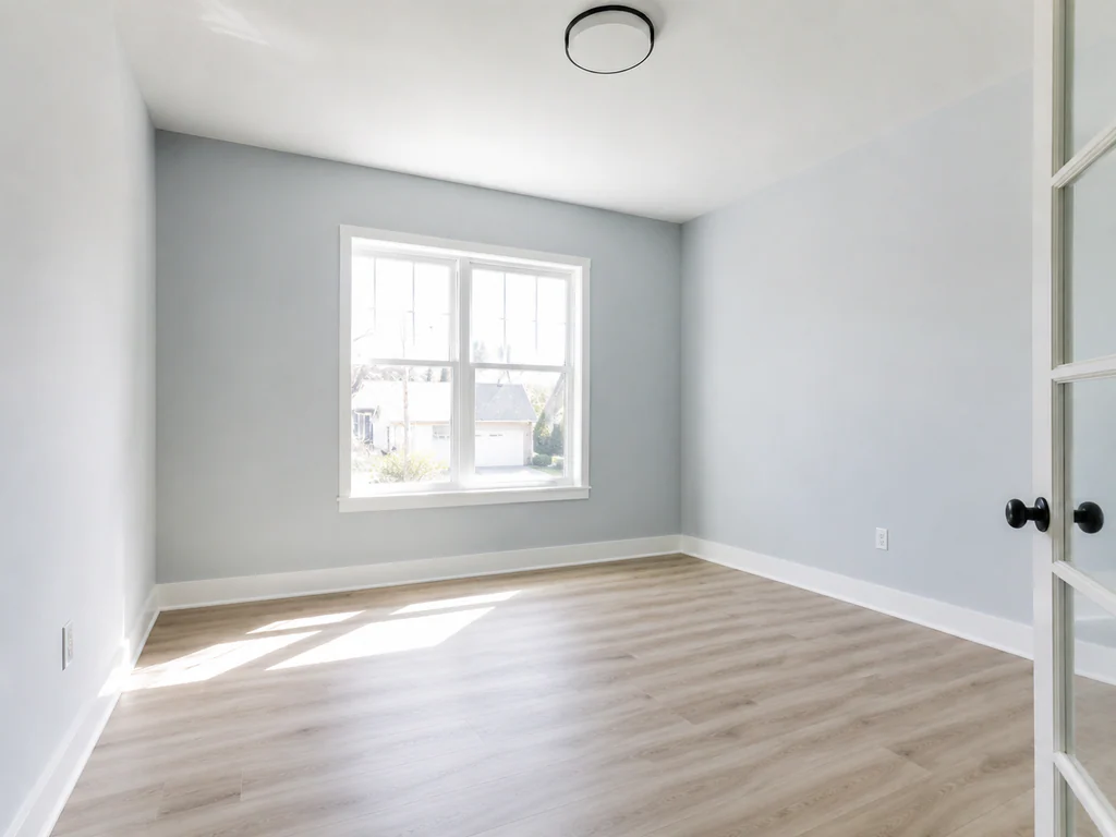 Home office before virtual staging: blue-gray room with French doors and a front window, shown empty.