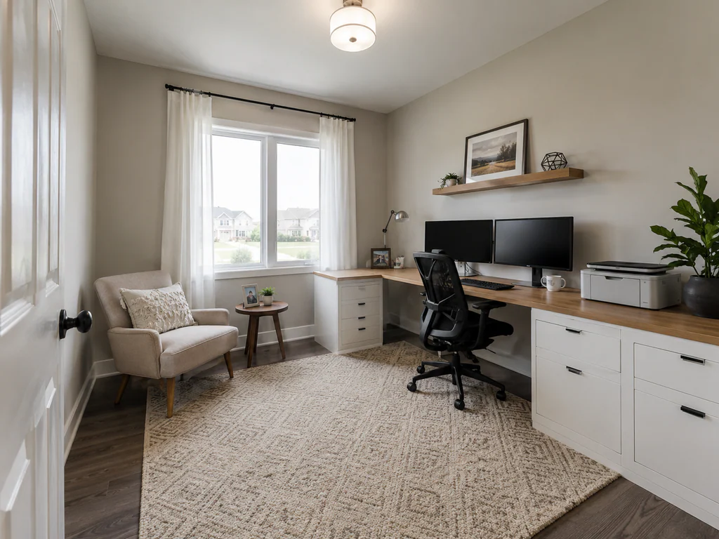 Home office after virtual staging: the same compact room with dark flooring and a front window, furnished and styled.
