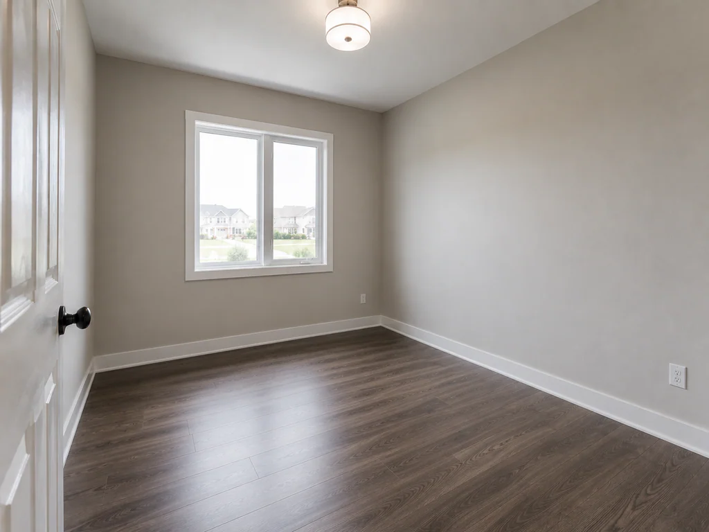 Home office before virtual staging: compact room with dark flooring and a front window, shown empty.
