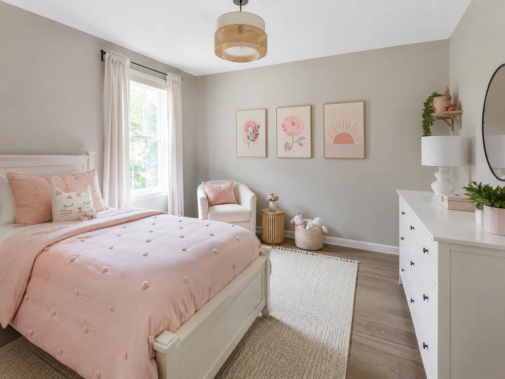 Kids' bedroom after virtual staging: the same bright room with a tall side window, furnished and styled.
