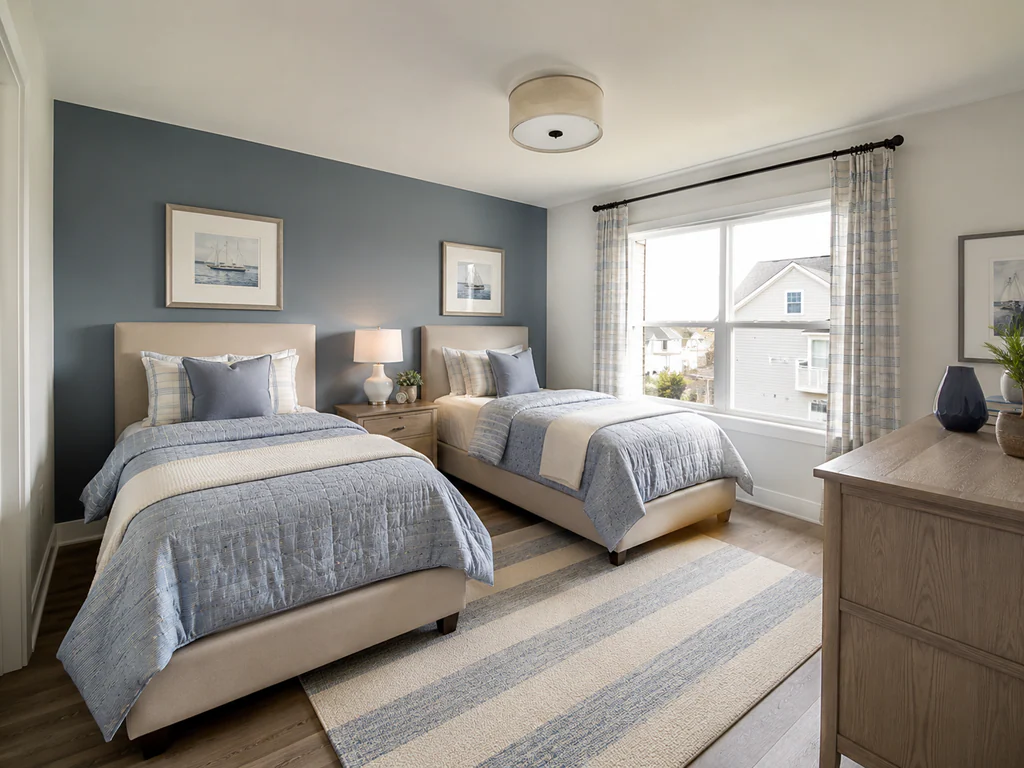 Kids' bedroom after virtual staging: the same room with a blue accent wall and large window, furnished and styled.