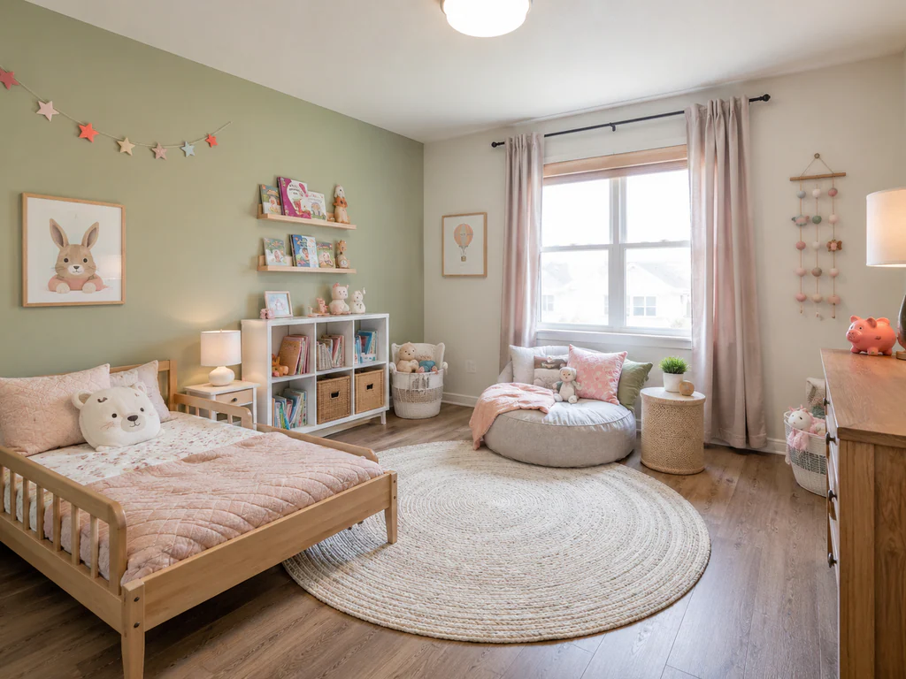 Kids' bedroom after virtual staging: the same room with a soft green accent wall, furnished and styled.