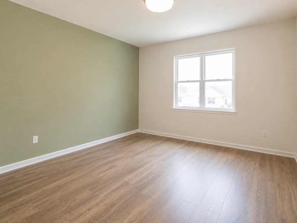 Kids' bedroom before virtual staging: room with a soft green accent wall, shown empty.