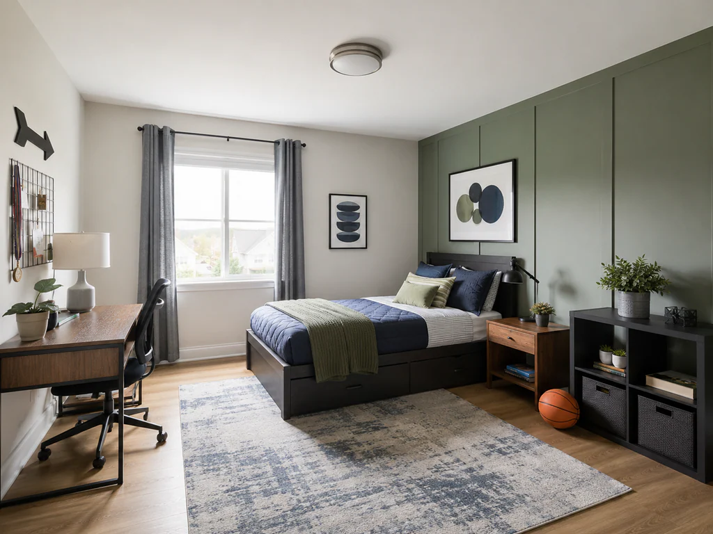 Kids' bedroom after virtual staging: the same room with a green paneled accent wall, furnished and styled.