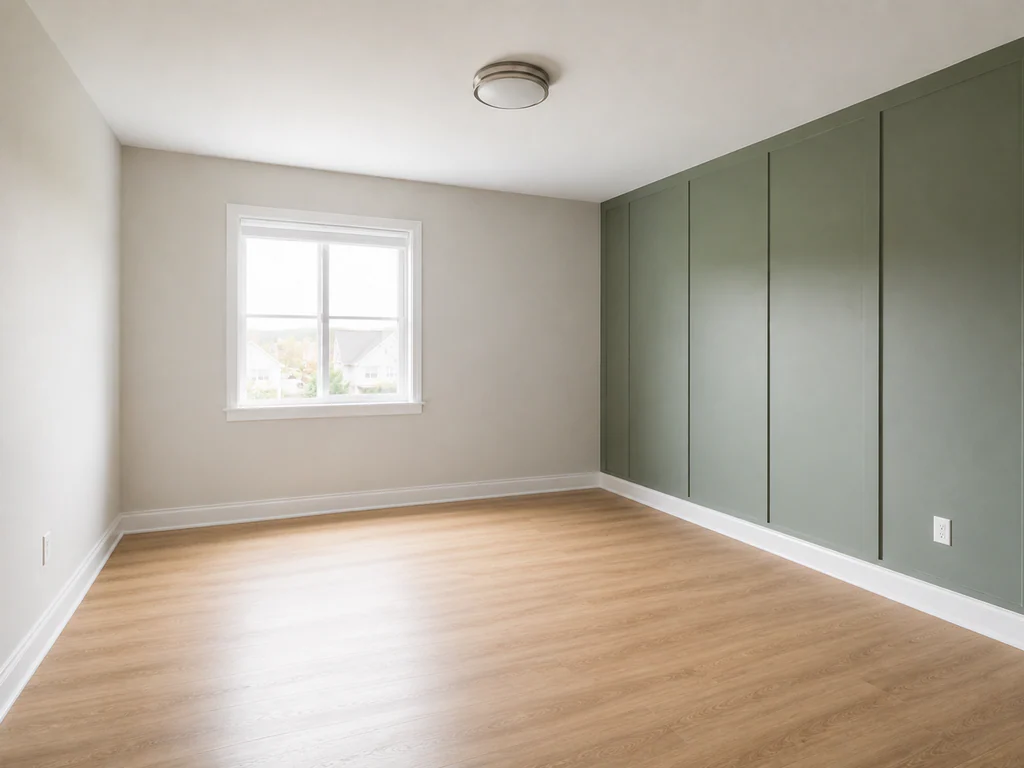 Kids' bedroom before virtual staging: room with a green paneled accent wall, shown empty.