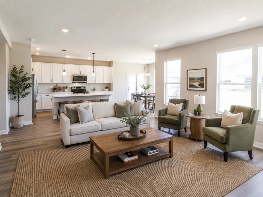 Living room after virtual staging: the same bright open-plan room with a white kitchen, furnished and styled.