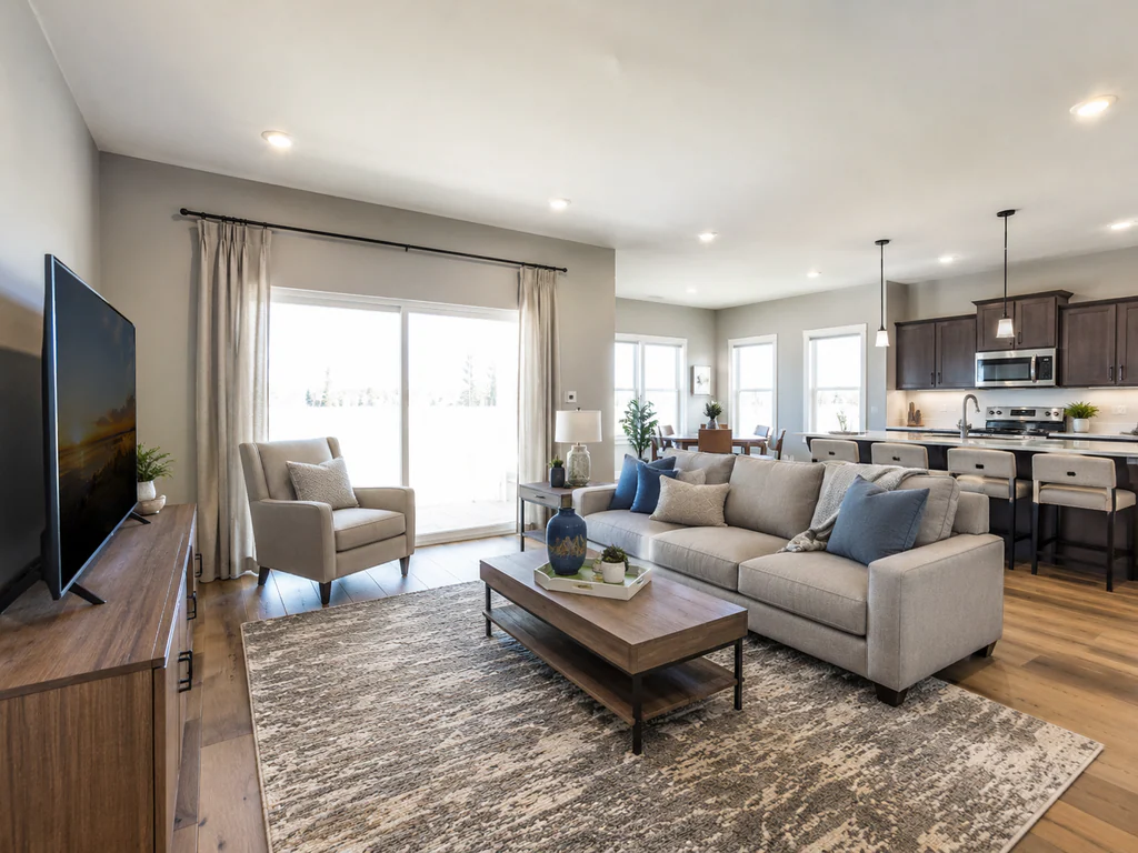 Living room after virtual staging: the same open-plan room with a dark wood kitchen, furnished and styled.
