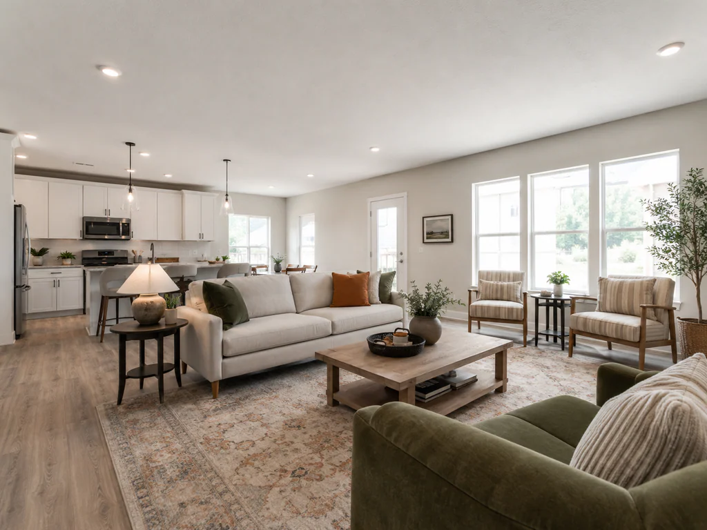 Living room after virtual staging: the same open-plan living area with a white kitchen, furnished and styled.