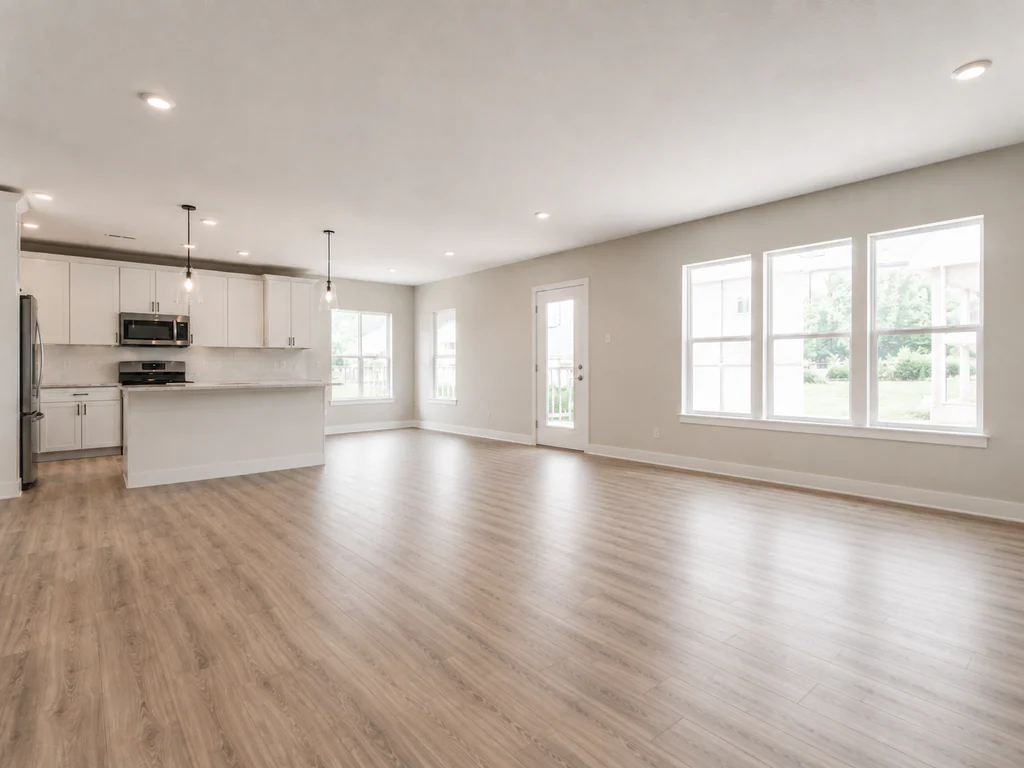 Living room before virtual staging: open-plan living area with a white kitchen, shown empty.