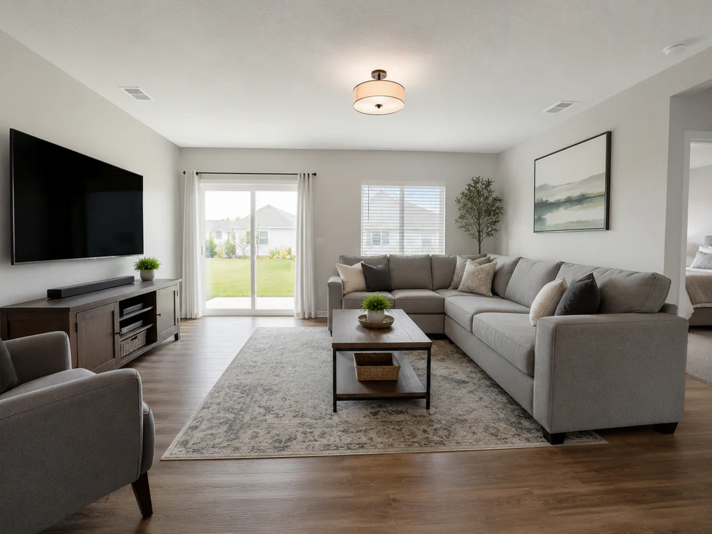 Living room after virtual staging: the same open room with a patio door and side window, furnished and styled.