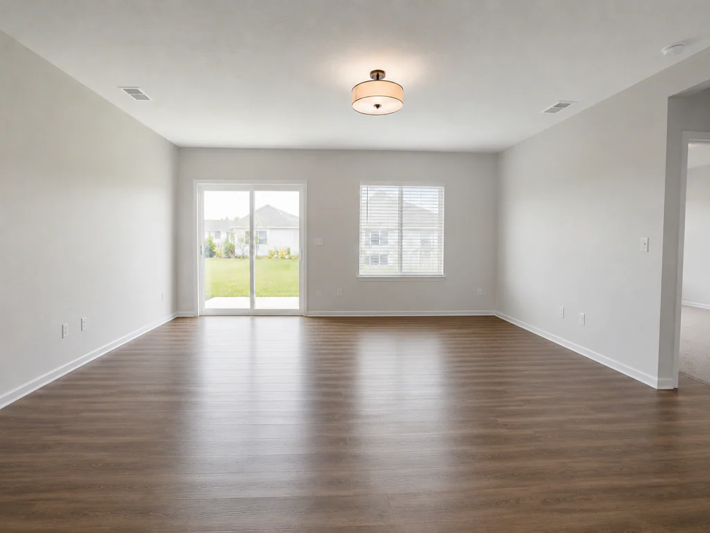 Living room before virtual staging: open room with a patio door and side window, shown empty.